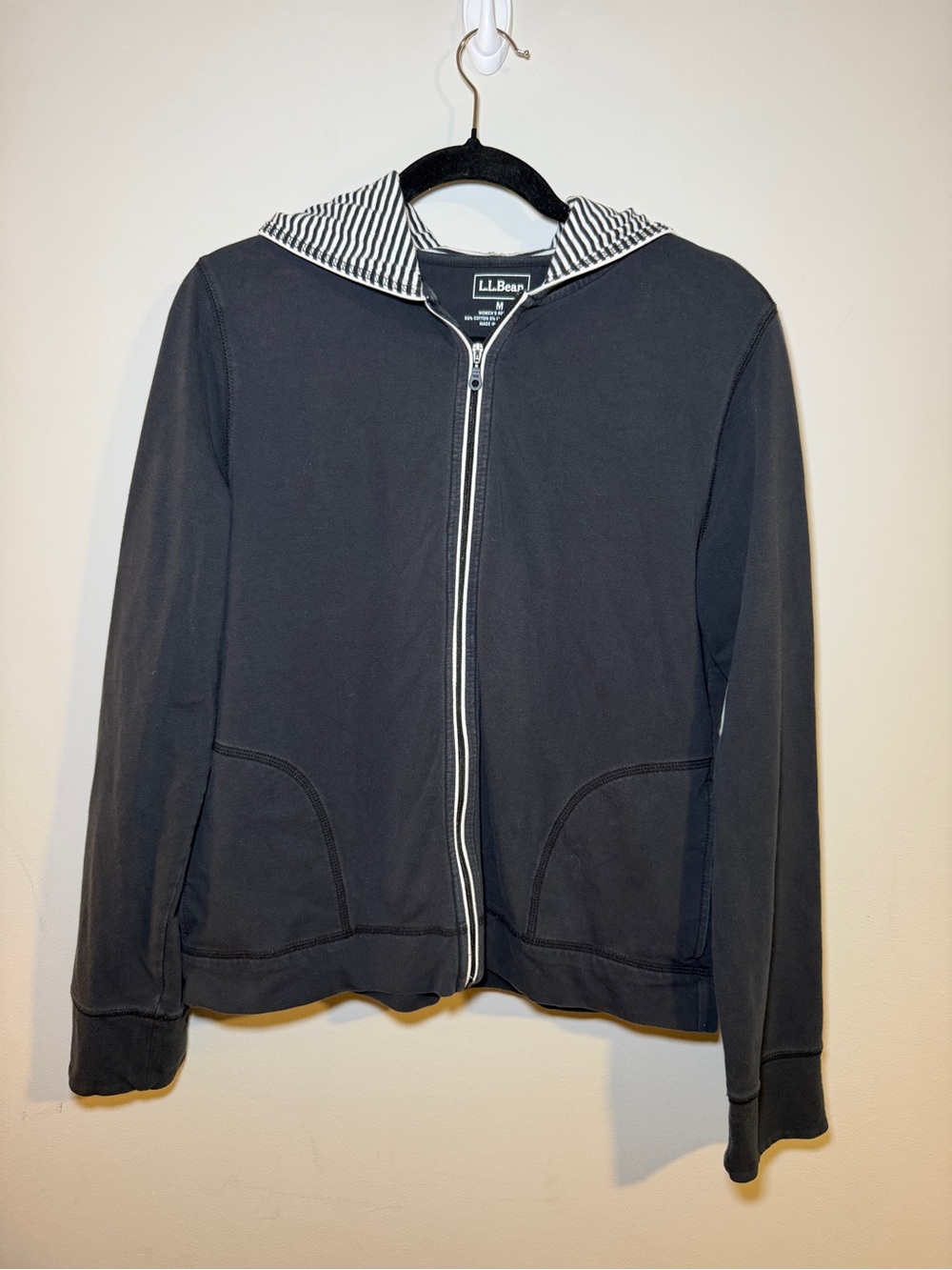 L.L. Bean Cotton Lycra Zip Up Hoodie Charcoal Gray Striped Hood Women's Medium R